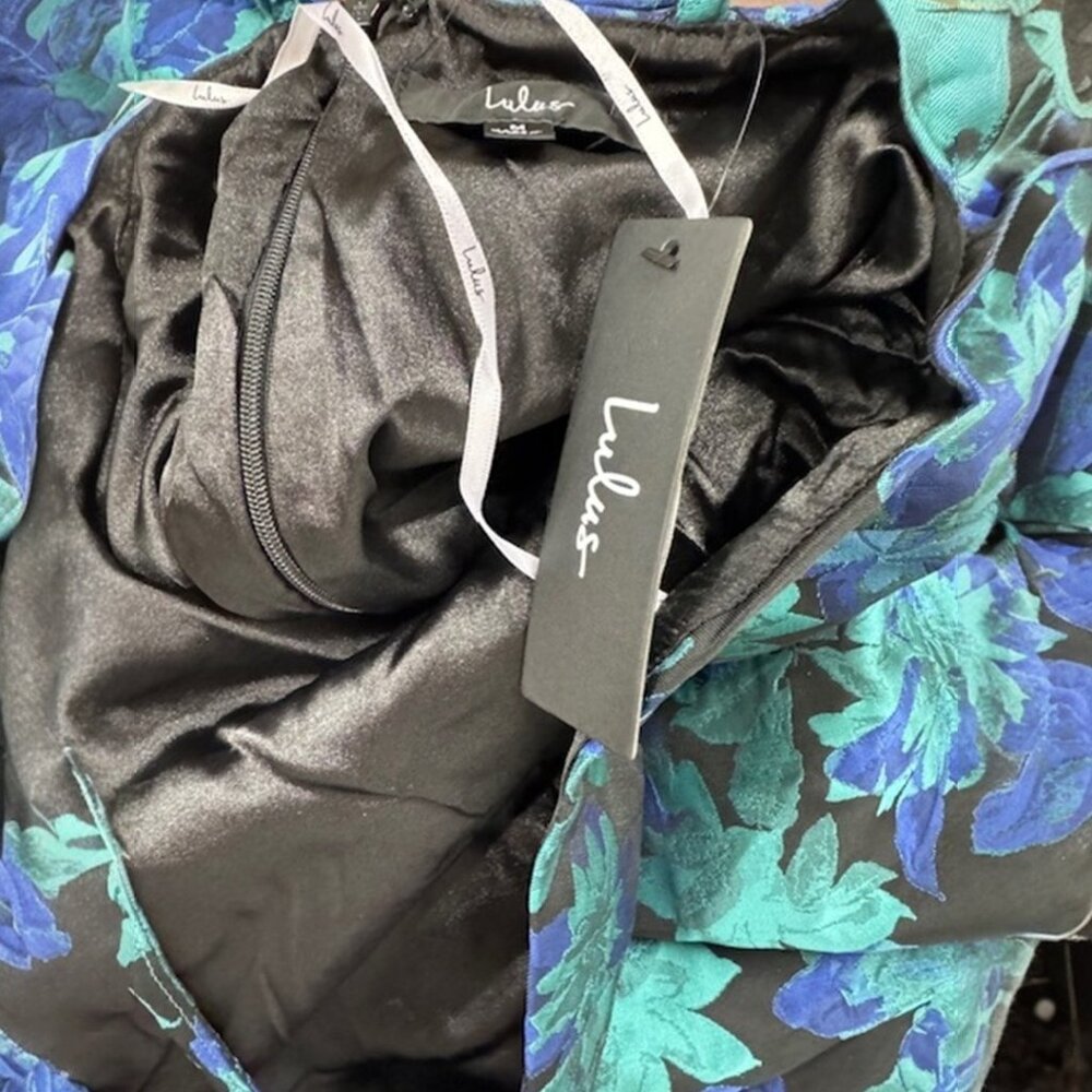 Lulus Fantasy Blooms Black and Teal Floral Backless Mini Dress NWT - Picture 6 of 9